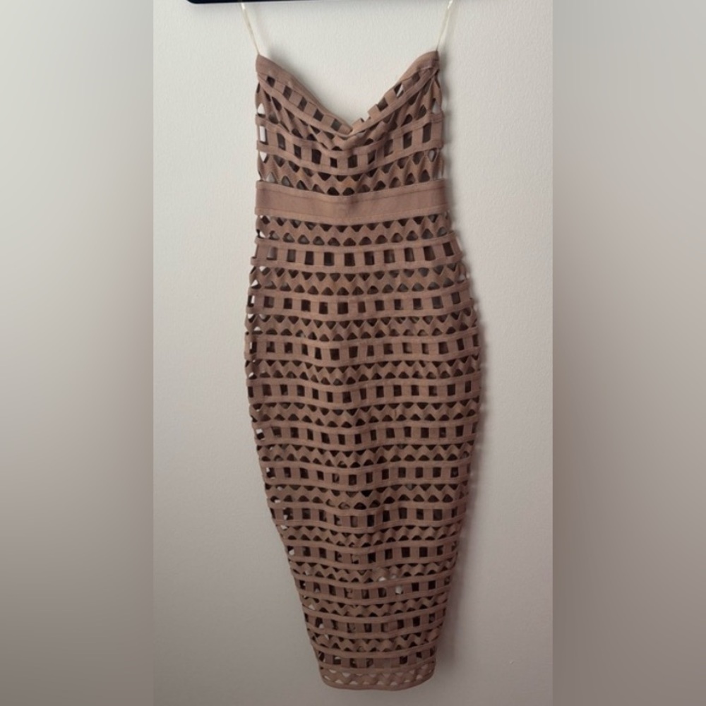 Gorgeous House Of CB Strapless Beige Crochet Midi Dress - Picture 2 of 5